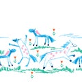 Vector seamless pattern with crayon children drawing of primitive blue horses, green grass and red flower on the white background.