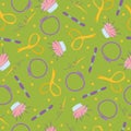 Vector seamless pattern with cross stitch tools. Pattern in green, purplre colors. Cute girly pattern with a hobby theme. Applied Royalty Free Stock Photo