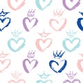 Vector Seamless Pattern of Crowns and Hearts. Messy Baby Princess and Prince crown, heart for kids room, child decor