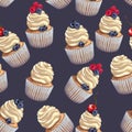 Vector seamless pattern of a crumbly, gentle wet biscuit cupcakes with a stunning soft air cheese cream, with juicy