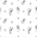 Vector seamless pattern with cup, mug, glass, flowers. Hand drawn illustration. Colorless contour ornament
