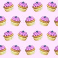 Vector seamless pattern of a cupcake with butter cream and blueberries on top. A sketch of a cake painted as if with