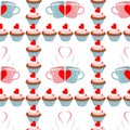 Vector seamless pattern. Cupcake. Love. Mugs with coffee.
