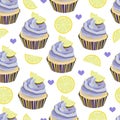 Vector seamless pattern with cupcakes, cakes, muffins. Desserts with lavander cream and lemon slices,pieces. Bakery print. Violet, Royalty Free Stock Photo