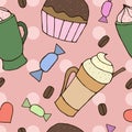 Vector seamless pattern with cups of coffee and cupcakes