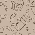 Vector seamless pattern with cups of coffee and cupcakes