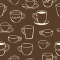 Vector seamless pattern of cups and mugs with cocoa and marshmallow. Concept for coffee house.