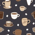 Vector seamless pattern of cups and mugs with coffee and cocoa and marshmallow.