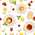 Vector seamless pattern with cups of tea, fruits and leaves. Royalty Free Stock Photo
