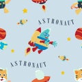 Vector seamless pattern with cute alien and little astronaut. Creative vector childish background for fabric, textile, nursery