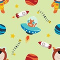 Vector seamless pattern with cute alien and little astronaut. Creative vector childish background for fabric, textile, nursery