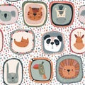 Vector seamless pattern with cute animal faces in frames. Simple scandinavian style. Royalty Free Stock Photo