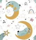 Vector seamless pattern with cute animals fliyng and sleeping on moon and rainbow. Royalty Free Stock Photo