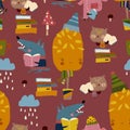 Seamless Pattern of Cute Animals reading Books in Autumn Forest Royalty Free Stock Photo