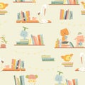 Seamless Pattern with Cute Animals reading Books on Bookshelves Royalty Free Stock Photo