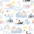 Seamless Pattern with Cute Animals sleeping on Clouds Royalty Free Stock Photo