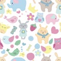 Vector seamless pattern, cute animals, toys and sweets Royalty Free Stock Photo