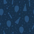Vector seamless pattern with cute balloon, candle, party hat. Party celebration repeating Birthday background. Dark blue