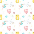 Baby shower vector seamless pattern with newborn items