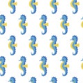 Vector seamless pattern with cute blue sea horse on white background. Royalty Free Stock Photo