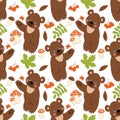 Vector Seamless Pattern with Cute Brown Bears, Mushrooms, Berries and Leaves