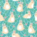 Vector seamless pattern with cute bunnies, green leaves and strawberries