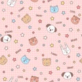 Vector seamless pattern with cute cartoon animals. Doodle cat, bear, rabbit and dog on pink grid background