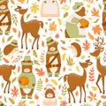 Vector seamless pattern with cute cartoon bears, deers, hedgehogs, autumn leaves and branches isolated on white background. Royalty Free Stock Photo