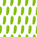 Vector seamless pattern with cute cartoon cucumbers on white background. Vector vegetable emoticon. Kawaii style