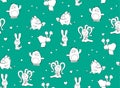 Vector seamless pattern. Cute cartoon monsters with hearts. Royalty Free Stock Photo