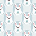 Vector seamless pattern with cute cartoon rabbits with Easter eggs.