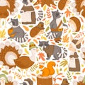 Vector seamless pattern with cute cartoon raccoons, turkeys, squirrels, rabbits, hedgehogs, autumn leaves isolated on white