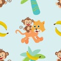 Vector seamless pattern with cute cat and monkey. Creative vector childish background for fabric, textile, nursery wallpaper,