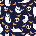 Vector seamless pattern with cute cats ghost and bats silhouette Royalty Free Stock Photo