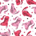 Vector seamless pattern with cute cheetahs with pink hearts. Tropical animals.