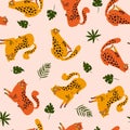 Vector seamless pattern with cute cheetahs with pink leaves. Tropical animals.