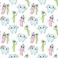 Vector seamless pattern with cute childish characters - tooth, t