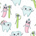 Vector seamless pattern with cute childish characters - tooth, t