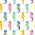 Vector seamless pattern with cute colorful sea horse on white background. Royalty Free Stock Photo