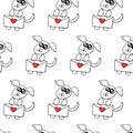 Vector Seamless pattern. Cute contour little dog with love letter and hearts. Hand drawn doodle. Background and texture on theme Royalty Free Stock Photo