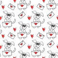 Vector Seamless pattern. Cute contour little dog with love letter and hearts. Hand drawn doodle. Background and texture on theme Royalty Free Stock Photo