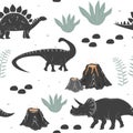 Vector seamless pattern with cute different dinosaurs, plants and volcano. Cartoon landscape of Jurassic period with