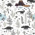Vector seamless pattern with cute different dinosaurs, plants and volcano. Cartoon landscape of Jurassic period with