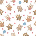 Vector seamless pattern with cute different owls.