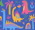 Vector seamless pattern with cute dinosaur characters for wrapping paper design. Royalty Free Stock Photo