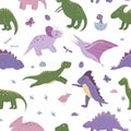 Vector seamless pattern with cute dinosaurs with clouds, eggs, bones, birds for children