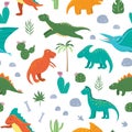 Vector seamless pattern with cute dinosaurs with palm trees, cactus, stones, footprints, bones for children. Dino flat cartoon