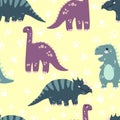 Vector seamless pattern with cute dinosaurus in flat cartoons style. Childish repeated background with funny dinosaurs in kids doo