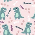 Vector seamless pattern with cute dinosaurus onpink background with text dino, roar and hello in flat cartoons style. Childish rep Royalty Free Stock Photo