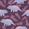 Vector seamless pattern with cute dinosaurus with tropical leaves in flat cartoons style. Childish repeated background with funny
